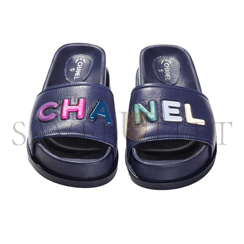 CHANEL MULES LAMBSKIN NAVY BLUE & MULTICOLOR G38933 X56443 K3920